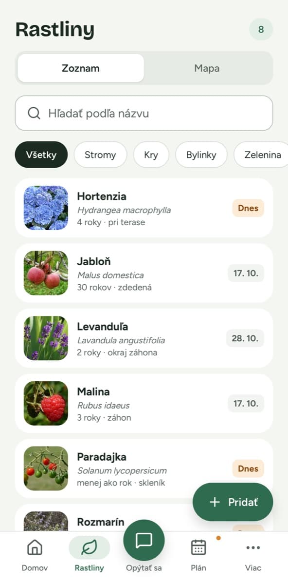 Zoznam rastlín v aplikácii Flori: hortenzia, jabloň, levanduľa, malina a paradajka s termínom ďalšej starostlivosti